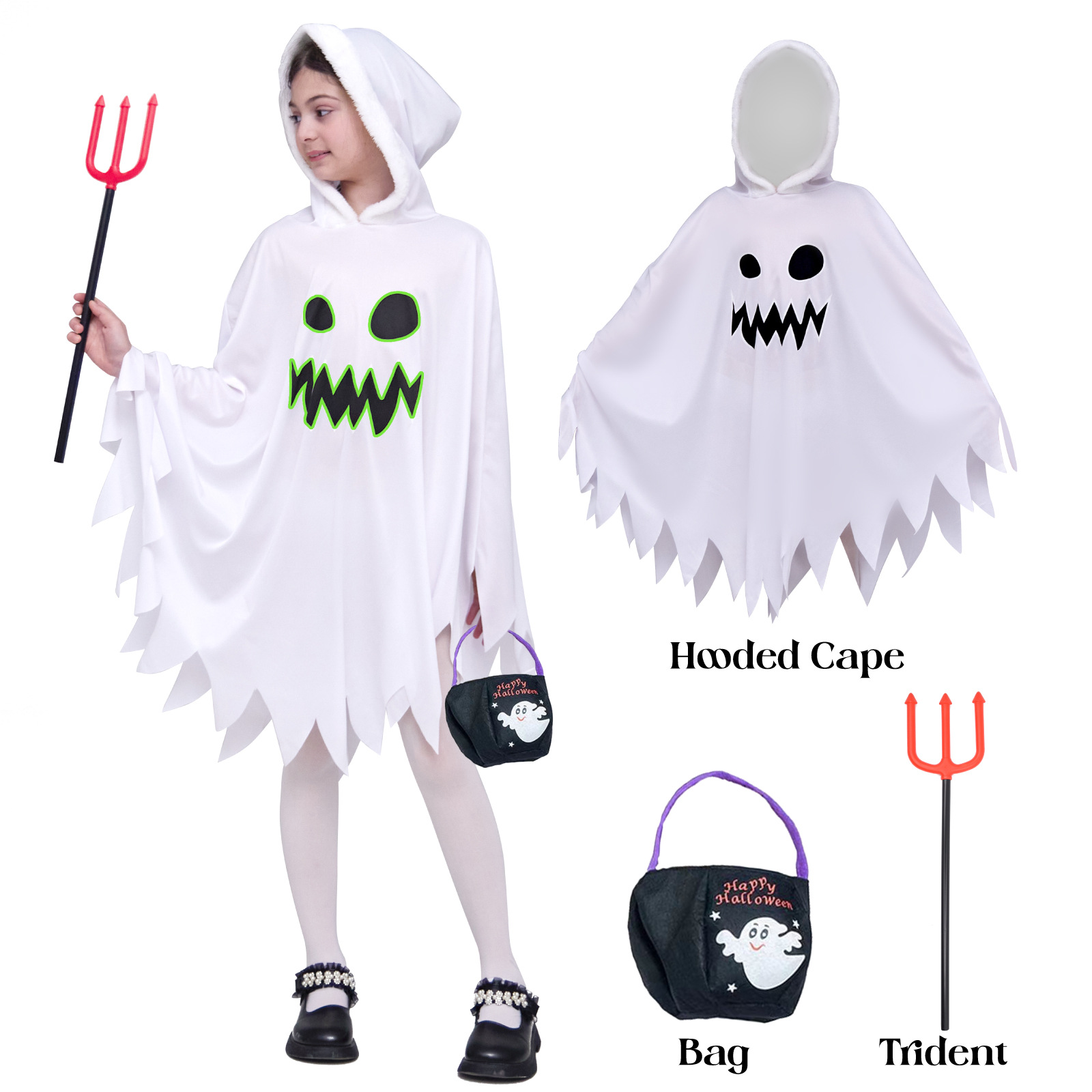 Kids Ghost White Cloak Halloween Costume with Handbang Cosplay Theme Dressing